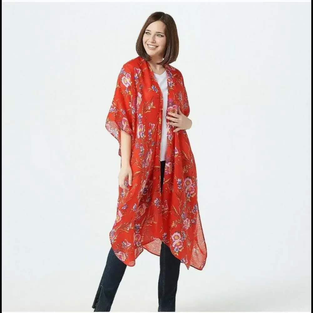 G.I.L.I. Women's Petite Plus Size Open-Front Floral Printed Duster - Red Orange